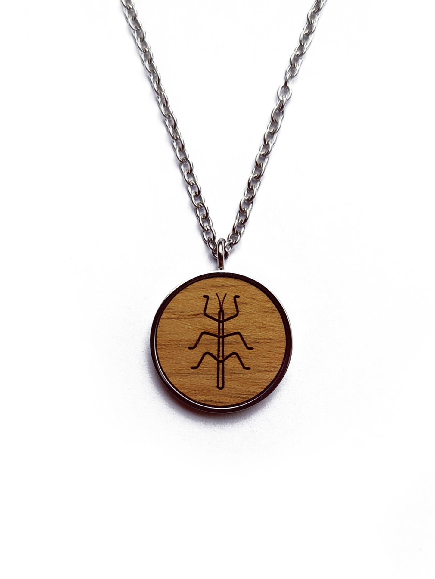 Nut wood stick insect pendant necklace with stainless steel chain. All our eco-friendly necklaces are delivered in FSC certified jewelry boxes with sustainable foam.