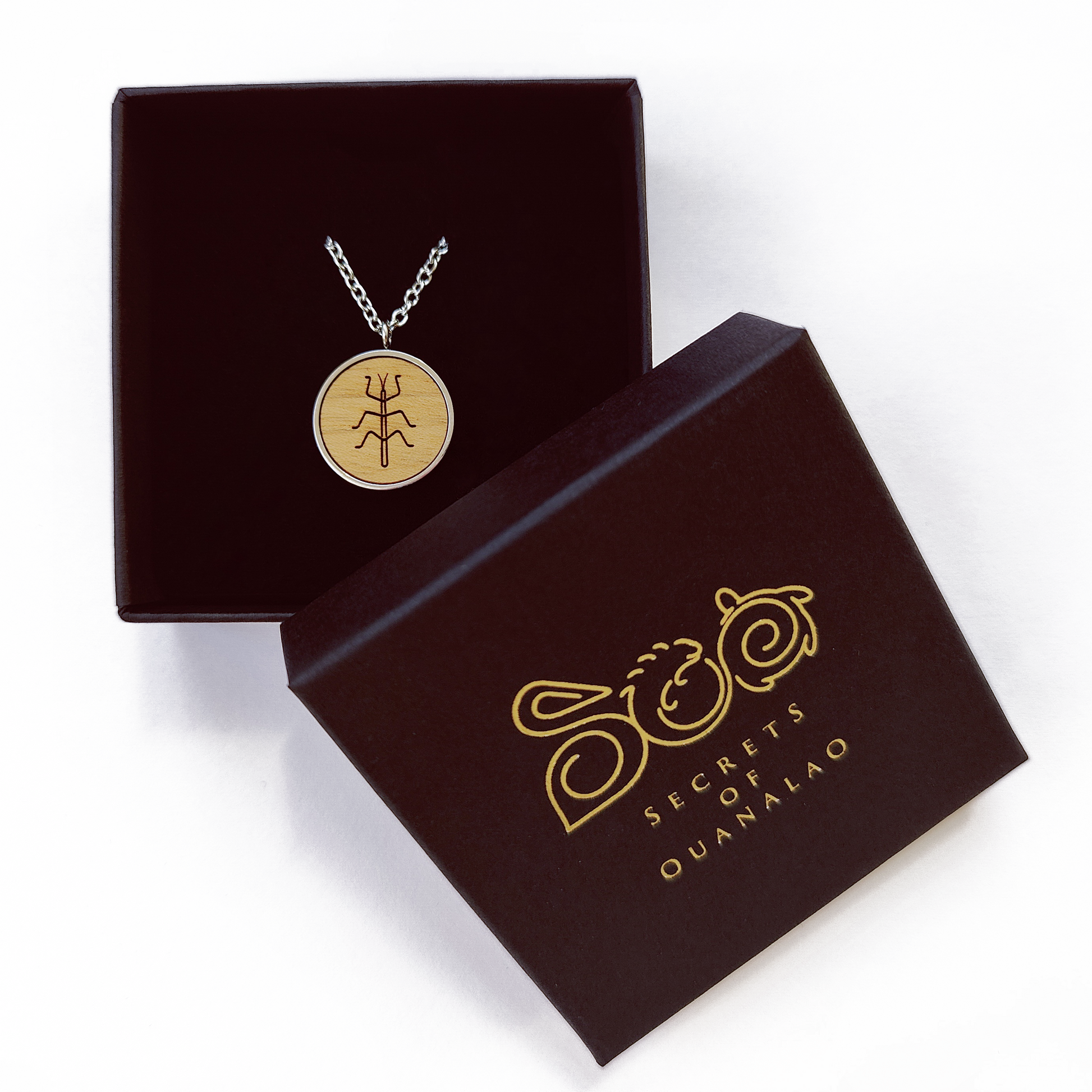 Nut wood stick insect pendant necklace with stainless steel chain. All our eco-friendly necklaces are delivered in FSC certified jewelry boxes with sustainable foam.